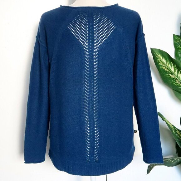 360 Cashmere Blue Cable & Open Knit Long Sleeve Boat Neck Sweater Pullover Small - Picture 8 of 12